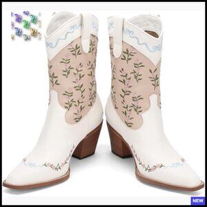 Western Cowgirl Boots Mid-Calf Chunky Heel Square Toe Fashion Pull On Party